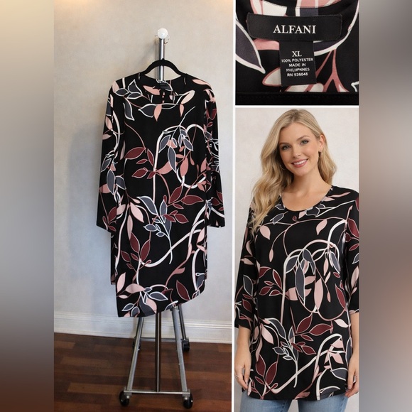 Alfani Dresses & Skirts - Alfani Asymmetrical Black and Pink Leaf Dress
